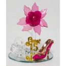 Mis Quince Anos Sweet 15 Fuchsia Acrylic Flower with High Heel Shoe Favor and Purse Gift Keepsake